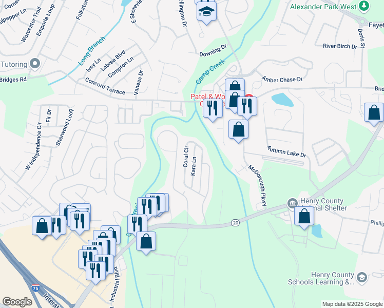 map of restaurants, bars, coffee shops, grocery stores, and more near 445 Kara Lane in McDonough