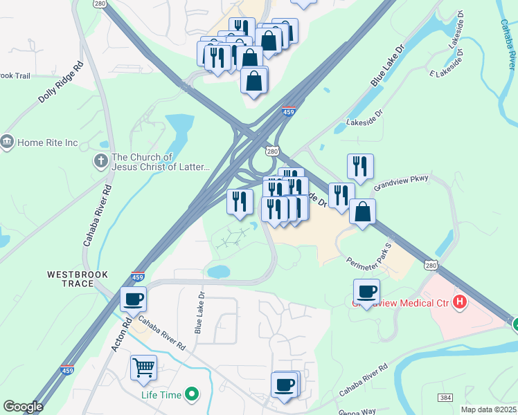 map of restaurants, bars, coffee shops, grocery stores, and more near 3600 Colonnade Parkway in Birmingham