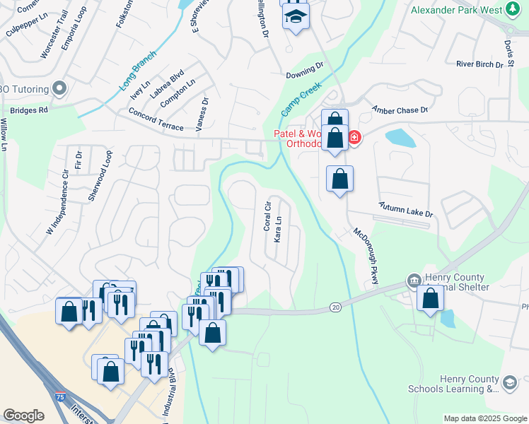 map of restaurants, bars, coffee shops, grocery stores, and more near 275 Coral Circle in McDonough