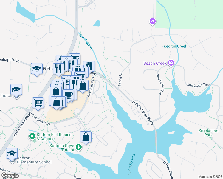 map of restaurants, bars, coffee shops, grocery stores, and more near 110 Verandah View in Peachtree City
