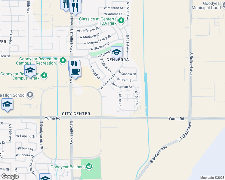 map of restaurants, bars, coffee shops, grocery stores, and more near 15198 West Sherman Street in Goodyear