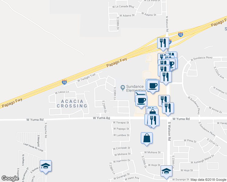 map of restaurants, bars, coffee shops, grocery stores, and more near 23856 West Lasso Lane in Buckeye