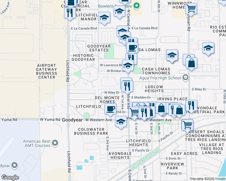 map of restaurants, bars, coffee shops, grocery stores, and more near 404 North 2nd Avenue in Avondale