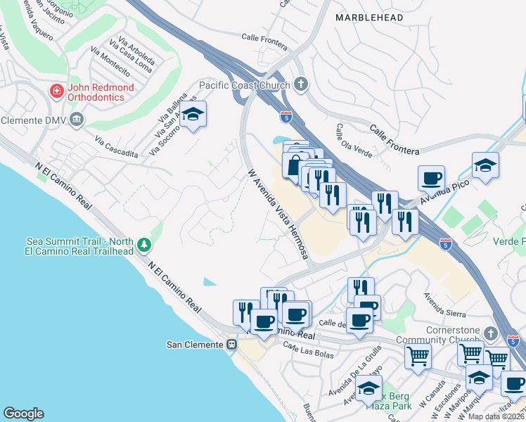 map of restaurants, bars, coffee shops, grocery stores, and more near 108 Via Bilbao in San Clemente