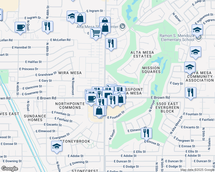 map of restaurants, bars, coffee shops, grocery stores, and more near 5230 East Brown Road in Mesa
