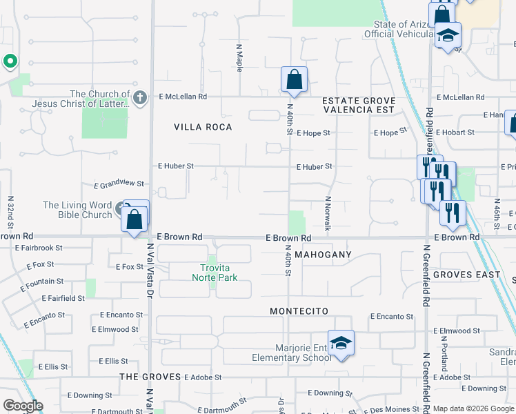 map of restaurants, bars, coffee shops, grocery stores, and more near 3910 East Greenway Circle in Mesa