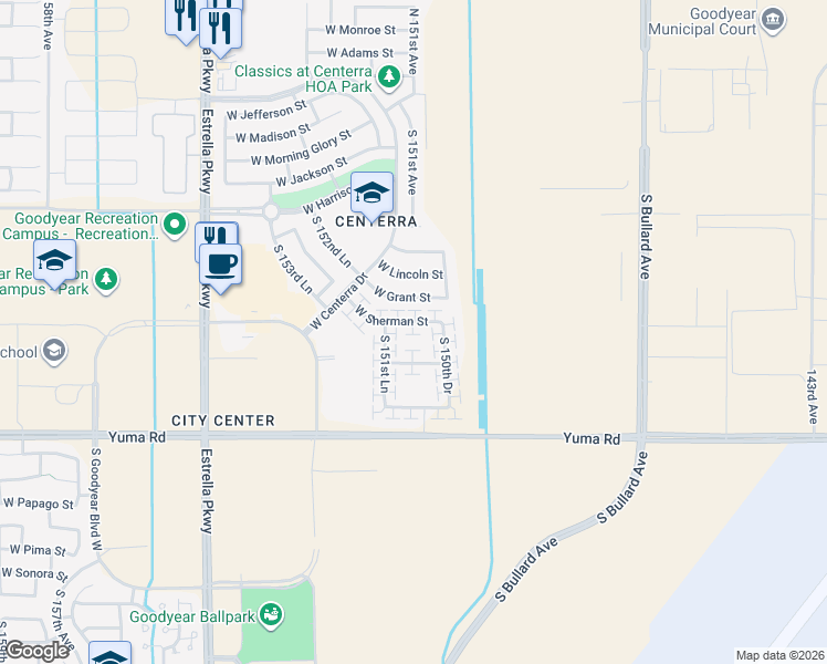 map of restaurants, bars, coffee shops, grocery stores, and more near 15126 West Sherman Street in Goodyear