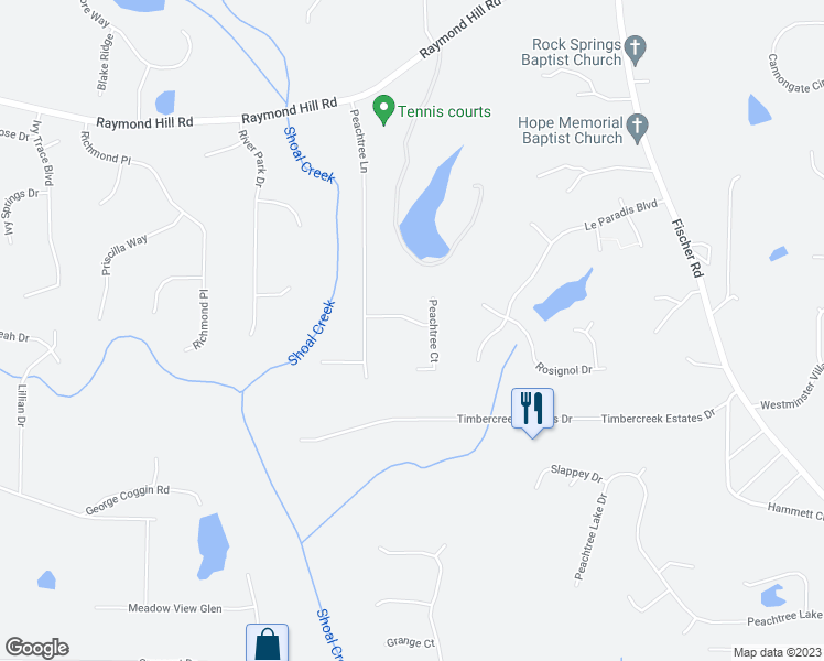 map of restaurants, bars, coffee shops, grocery stores, and more near 35 Peachtree Way in Newnan