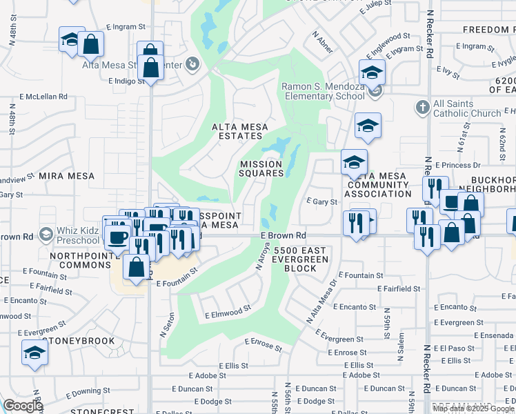 map of restaurants, bars, coffee shops, grocery stores, and more near 1235 North Sunnyvale in Mesa
