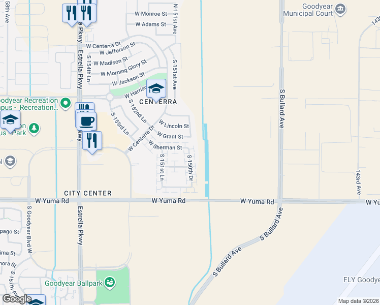 map of restaurants, bars, coffee shops, grocery stores, and more near 779 South 150th Drive in Goodyear