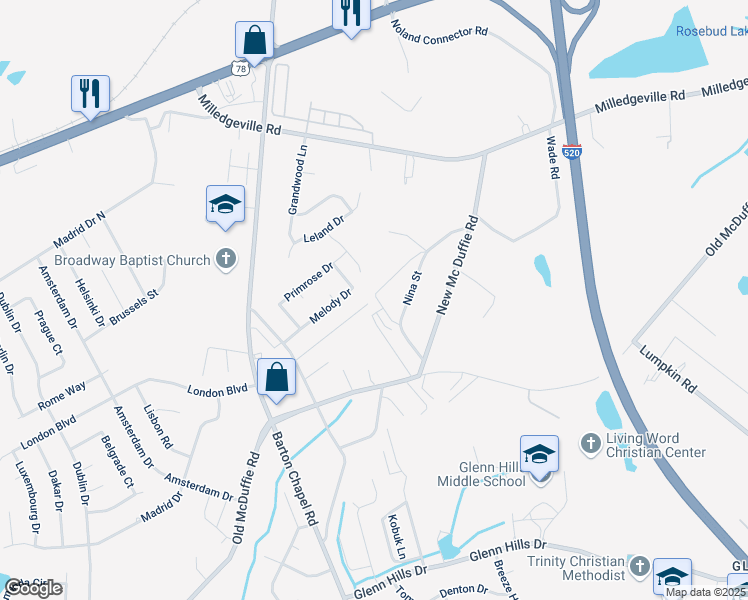 map of restaurants, bars, coffee shops, grocery stores, and more near 2344 Barton Chapel Road in Augusta