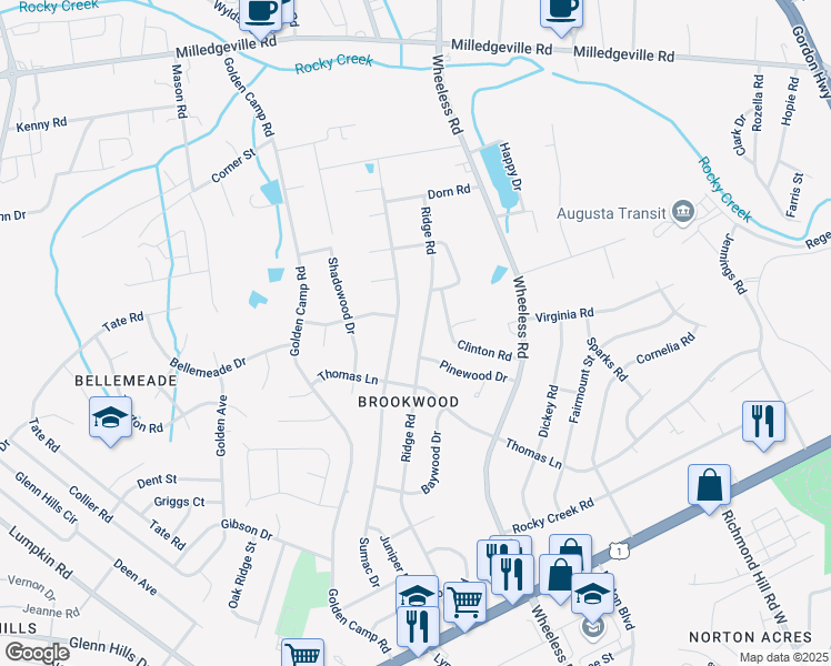 map of restaurants, bars, coffee shops, grocery stores, and more near 2341 Ridge Road in Augusta