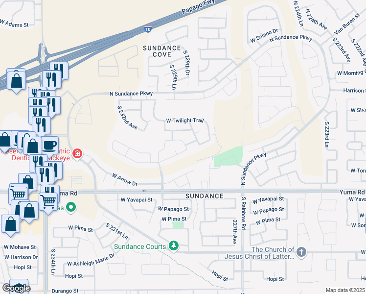 map of restaurants, bars, coffee shops, grocery stores, and more near 796 South 229th Avenue in Buckeye