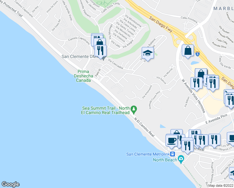 map of restaurants, bars, coffee shops, grocery stores, and more near 239 Camino San Clemente in San Clemente