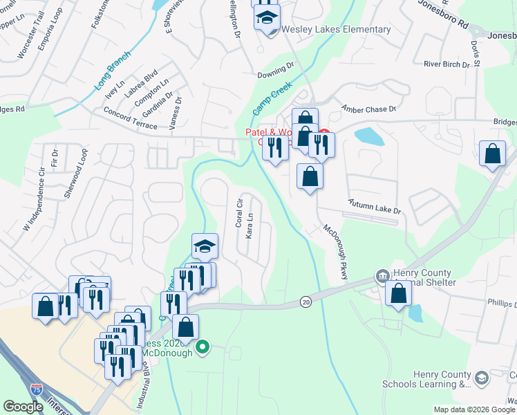 map of restaurants, bars, coffee shops, grocery stores, and more near 320 Coral Circle in McDonough