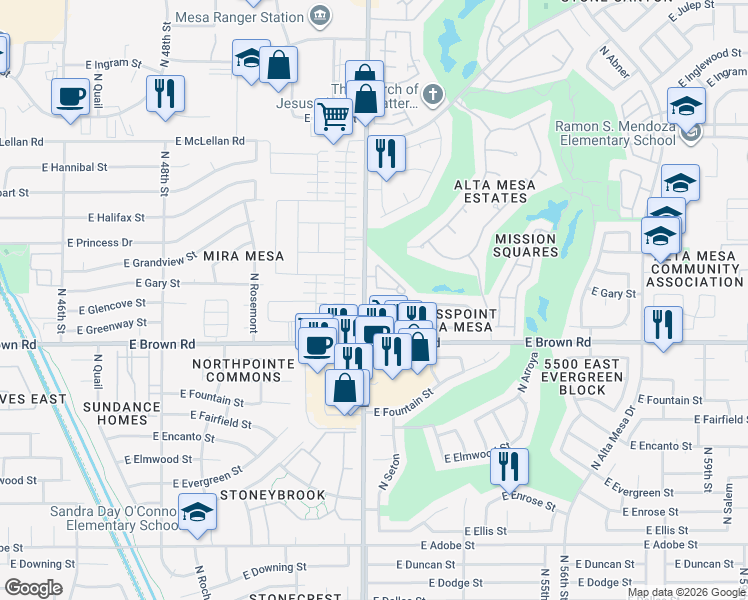 map of restaurants, bars, coffee shops, grocery stores, and more near 1333 North Higley Road in Mesa
