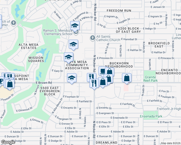 map of restaurants, bars, coffee shops, grocery stores, and more near 1314 North Recker Road in Mesa