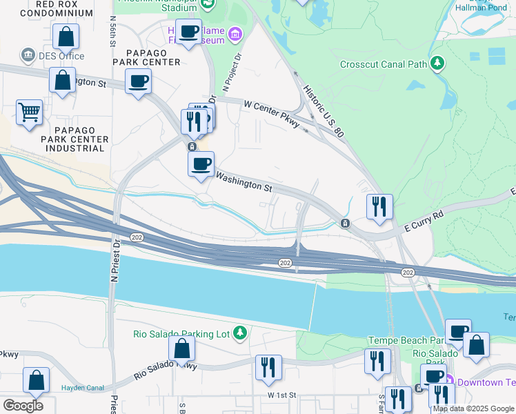 map of restaurants, bars, coffee shops, grocery stores, and more near 329-581 Washington Street in Tempe