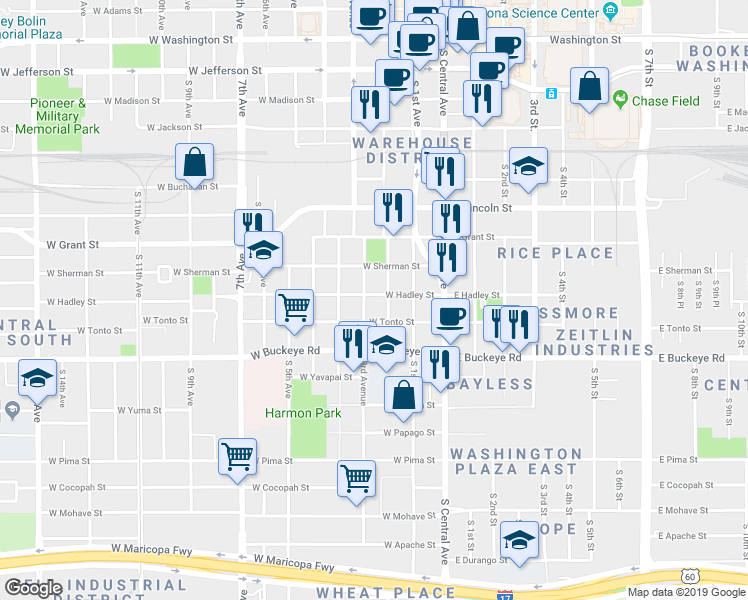 map of restaurants, bars, coffee shops, grocery stores, and more near 817 South 3rd Avenue in Phoenix