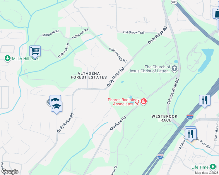 map of restaurants, bars, coffee shops, grocery stores, and more near 4621 Dolly Ridge Road in Vestavia Hills