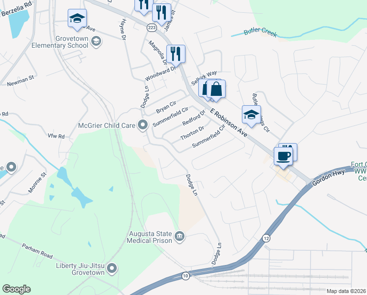 map of restaurants, bars, coffee shops, grocery stores, and more near 124 Thorton Drive in Grovetown