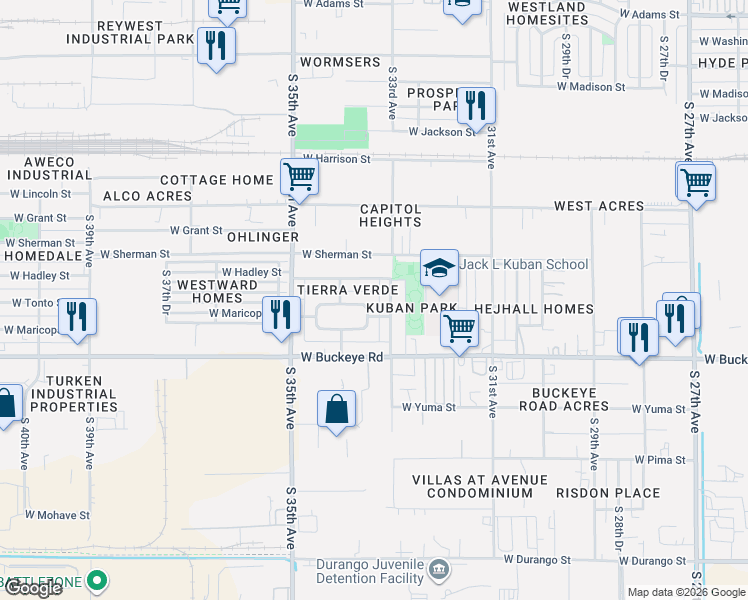map of restaurants, bars, coffee shops, grocery stores, and more near 3311 West Hadley Street in Phoenix