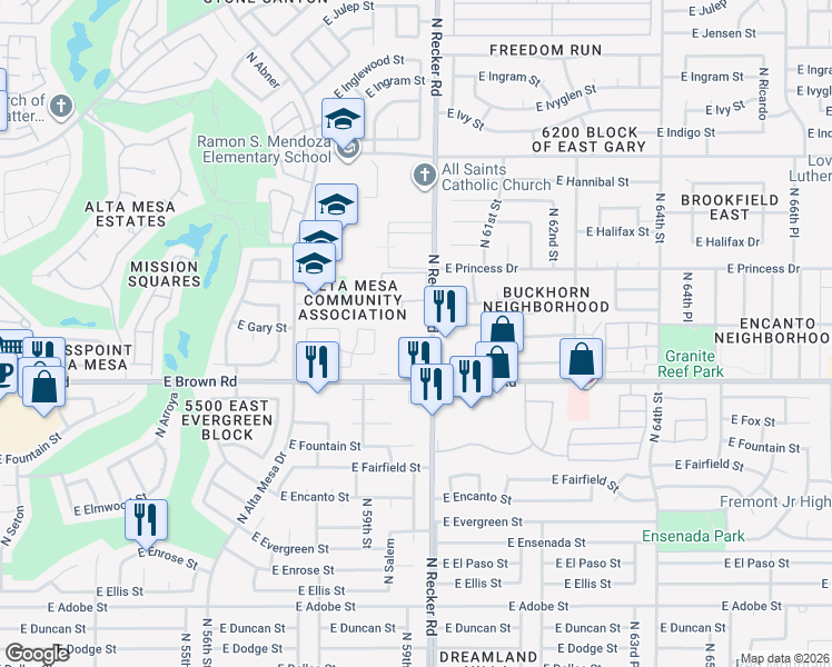 map of restaurants, bars, coffee shops, grocery stores, and more near 1314 North Recker Road in Mesa