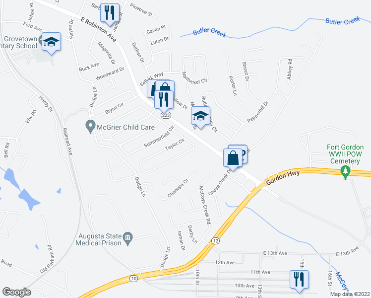 map of restaurants, bars, coffee shops, grocery stores, and more near 333 Taylor Circle in Grovetown