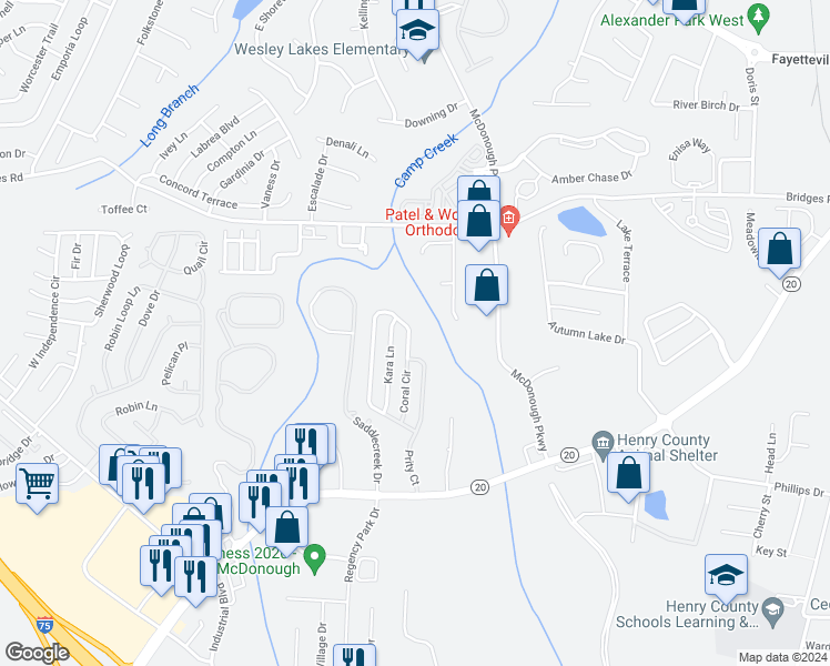 map of restaurants, bars, coffee shops, grocery stores, and more near 319 Coral Circle in McDonough