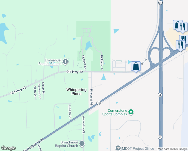 map of restaurants, bars, coffee shops, grocery stores, and more near 1302-1308 Old Highway 12 in Starkville