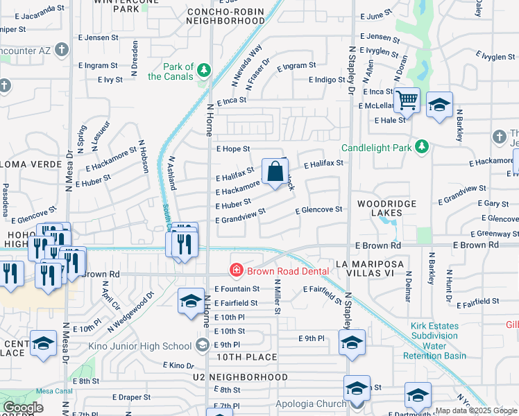 map of restaurants, bars, coffee shops, grocery stores, and more near 906 East Huber Street in Mesa