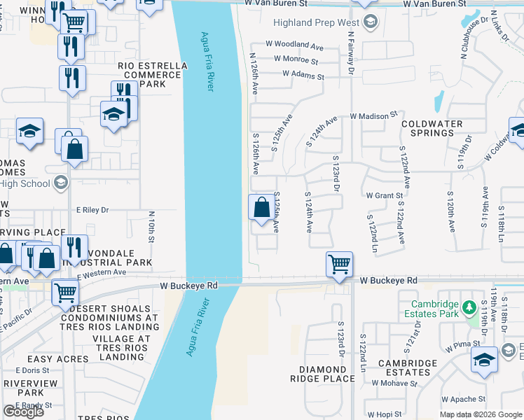 map of restaurants, bars, coffee shops, grocery stores, and more near 12514 West Grant Street in Avondale