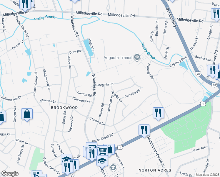 map of restaurants, bars, coffee shops, grocery stores, and more near 2403 Sparks Road in Augusta