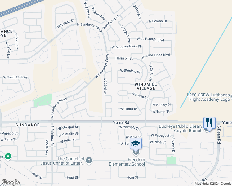 map of restaurants, bars, coffee shops, grocery stores, and more near 22292 West Lasso Lane in Buckeye