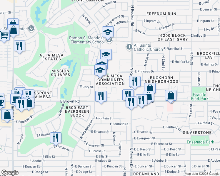 map of restaurants, bars, coffee shops, grocery stores, and more near 5808 East Brown Road in Mesa
