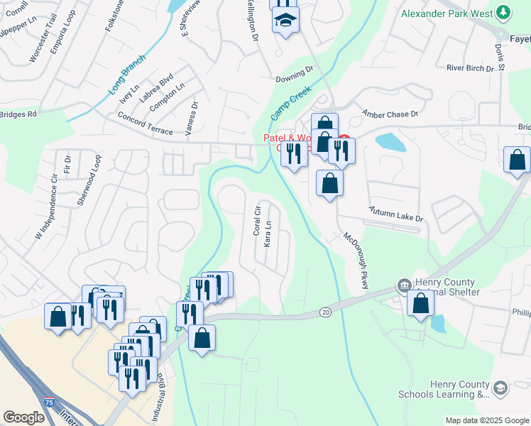 map of restaurants, bars, coffee shops, grocery stores, and more near 309 Coral Circle in McDonough