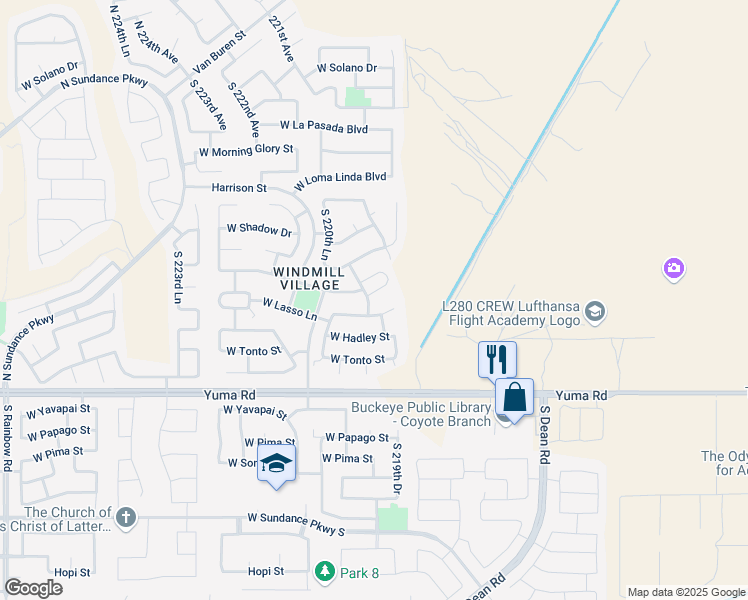 map of restaurants, bars, coffee shops, grocery stores, and more near 21943 West Antelope Trail in Buckeye
