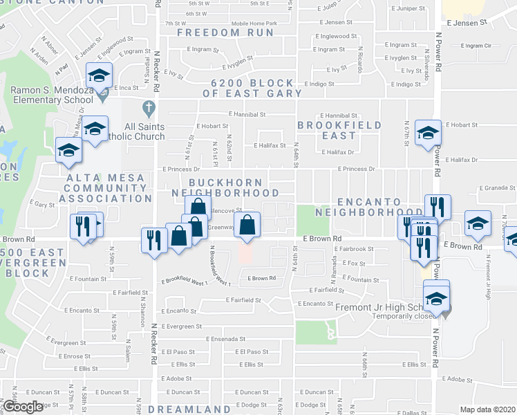 map of restaurants, bars, coffee shops, grocery stores, and more near 6241 East Gary Circle in Mesa