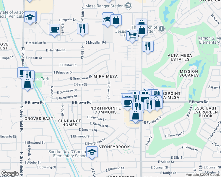 map of restaurants, bars, coffee shops, grocery stores, and more near 5025 East Gary Street in Mesa