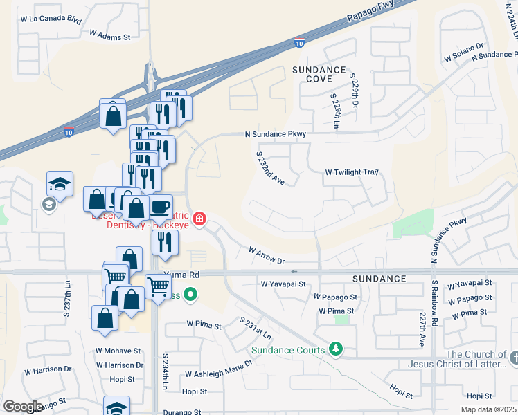 map of restaurants, bars, coffee shops, grocery stores, and more near 23190 West Antelope Trail in Buckeye