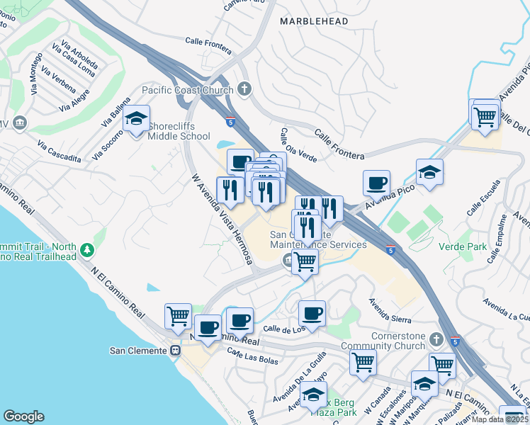 map of restaurants, bars, coffee shops, grocery stores, and more near 101 West Avenida Vista Hermosa in San Clemente