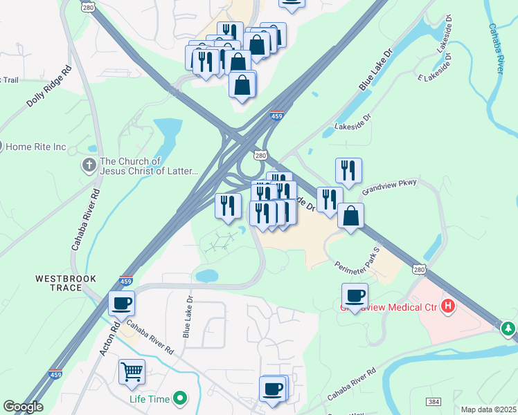 map of restaurants, bars, coffee shops, grocery stores, and more near 3401 Colonnade Parkway in Birmingham