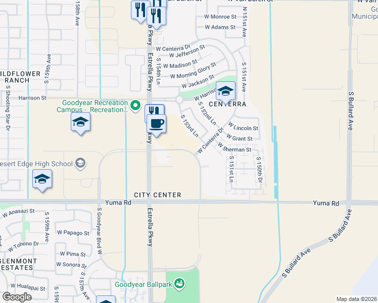 map of restaurants, bars, coffee shops, grocery stores, and more near Goodyear Boulevard East in Goodyear