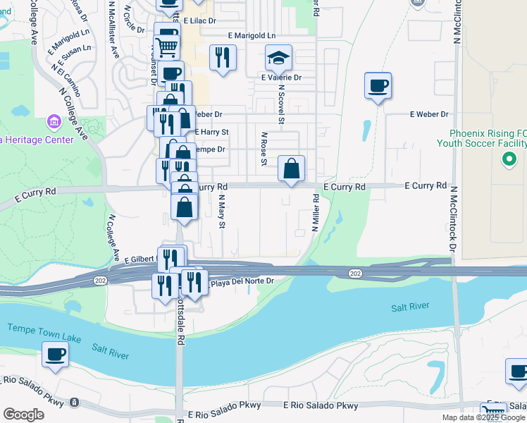 map of restaurants, bars, coffee shops, grocery stores, and more near 1129 East Curry Road in Tempe