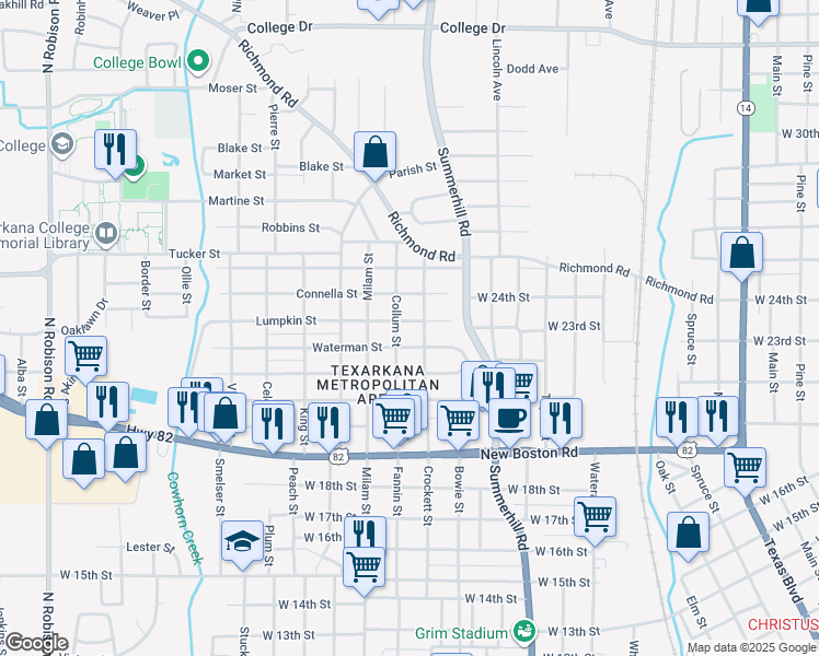 map of restaurants, bars, coffee shops, grocery stores, and more near 222 Lumpkin Street in Texarkana