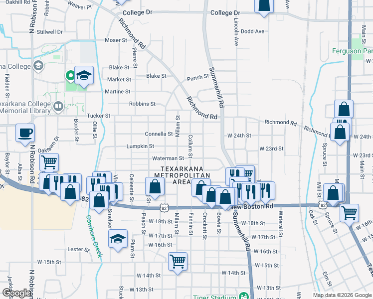map of restaurants, bars, coffee shops, grocery stores, and more near 222 Lumpkin Street in Texarkana
