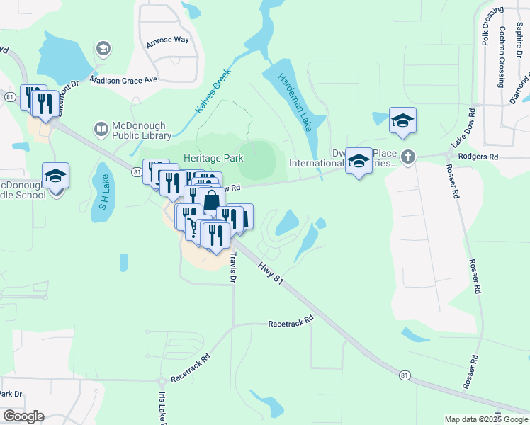 map of restaurants, bars, coffee shops, grocery stores, and more near 308 Meeting Street in McDonough