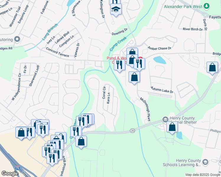 map of restaurants, bars, coffee shops, grocery stores, and more near 452 Kara Lane in McDonough