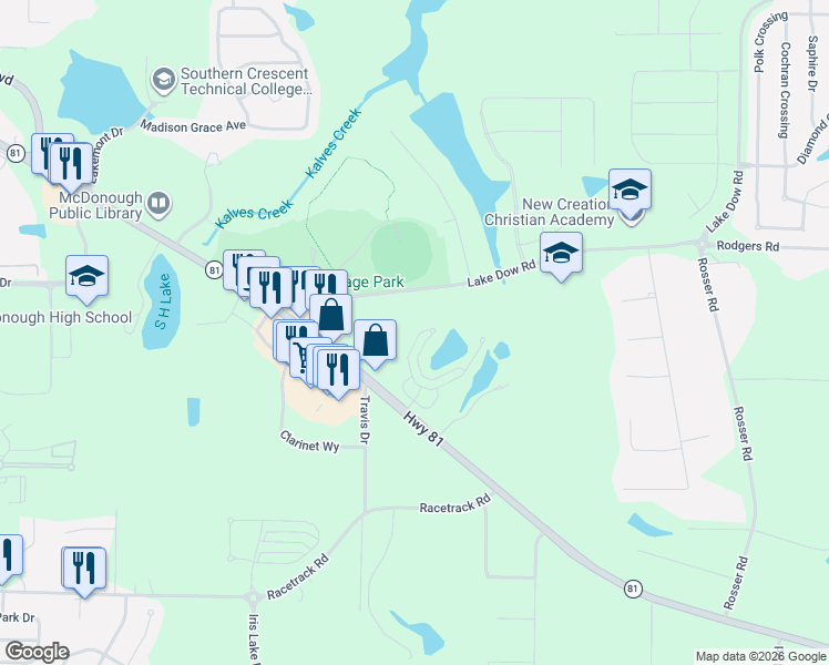 map of restaurants, bars, coffee shops, grocery stores, and more near 304 Meeting Street in McDonough