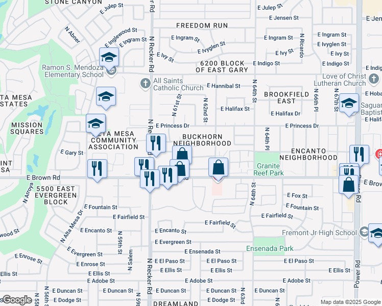 map of restaurants, bars, coffee shops, grocery stores, and more near 1304 North 61st Place in Mesa